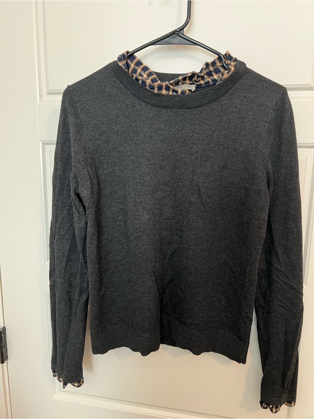 LOFT Black Knit Sweater with Navy and Mustard Checked Ruffle